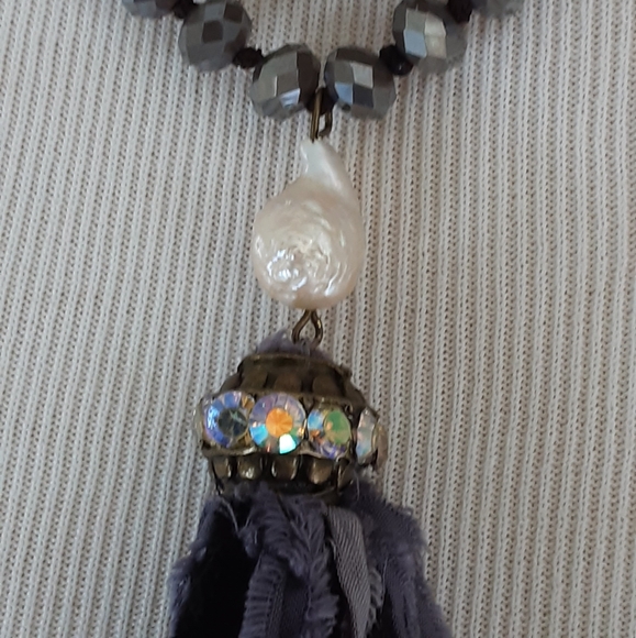 Faucet Crystal Rondelle Baroque Pearl AB Crystal Fabric Tassel Long Necklace 48" - Picture 7 of 11